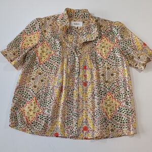ba&sh Floral Short Sleeve Blouse Semi-Sheer Cream Yellow Metallic Shimmer Size M